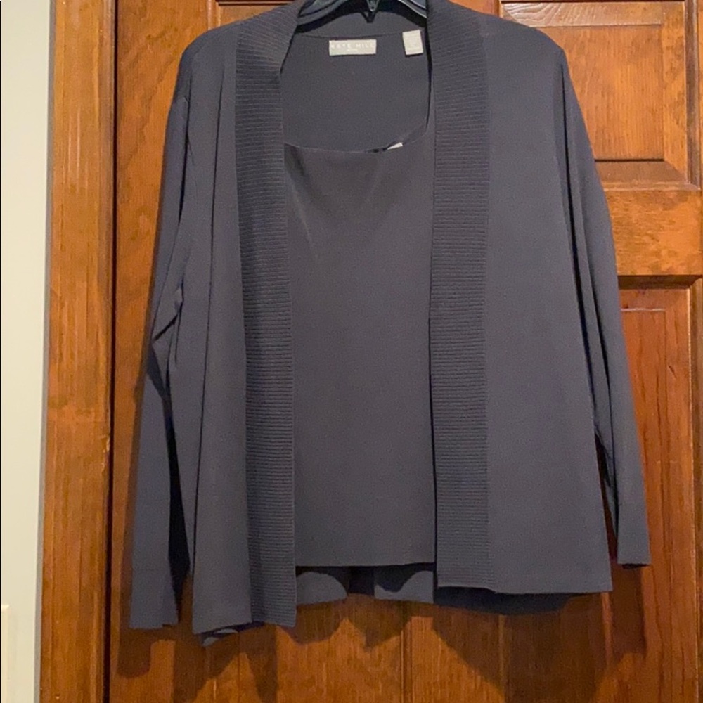 Dark gray open cardigan with matching shell
